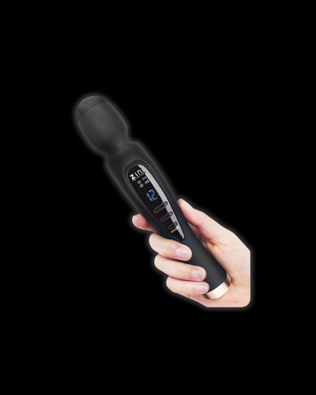 Close-up of the Powerful Magic Wand Vibrator Secret Kiss in black, featuring a large silicone head and ergonomic design.